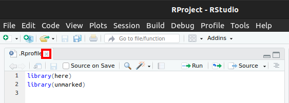 Screenshot of RStudio with Close script button highlighted in red