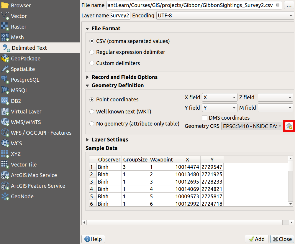 CRS of delimited text layer