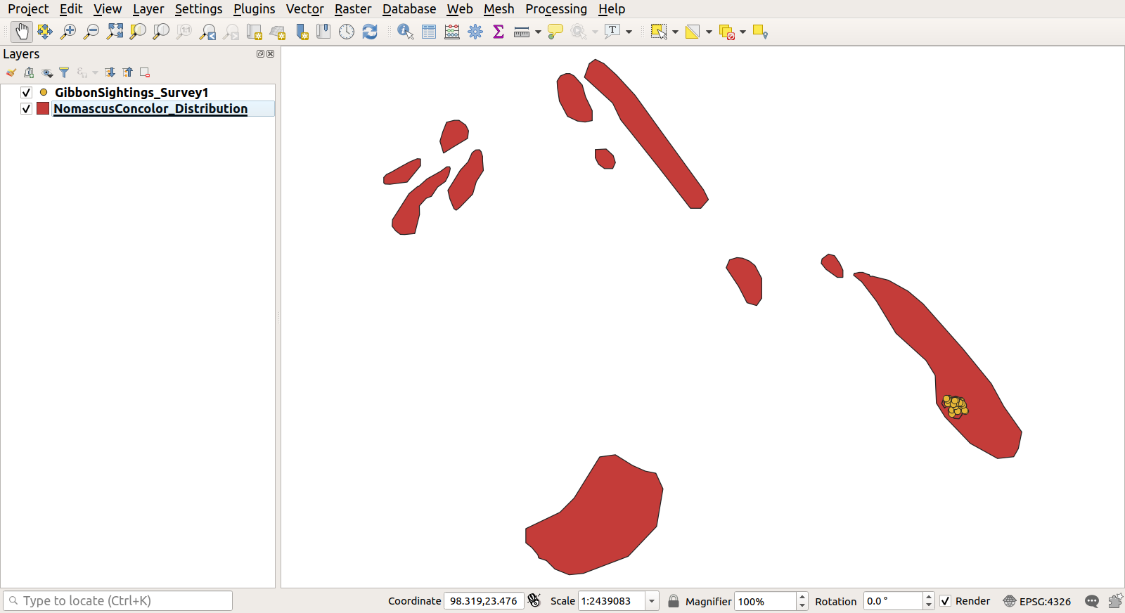 QGIS project with gibbon sightings