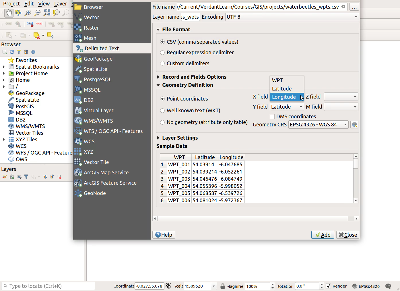 QGIS screenshot: Specify X and Y columns