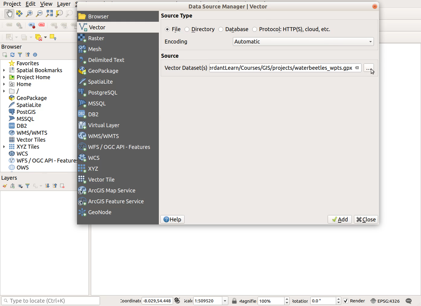 QGIS screenshot: Choose data source