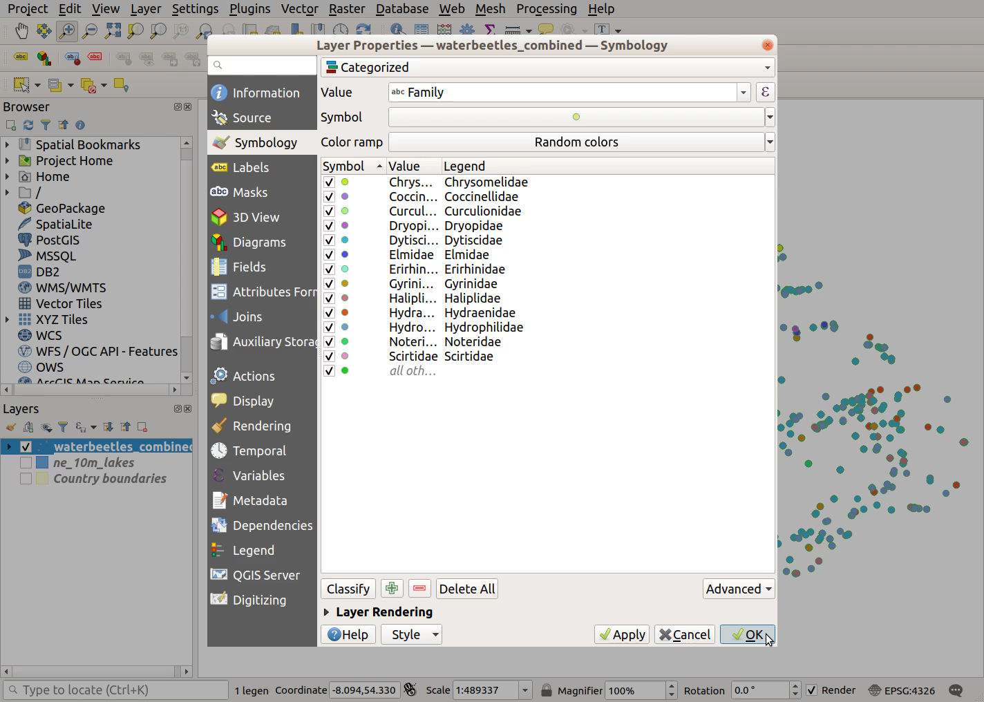 QGIS screenshot: Categorized vector symbols