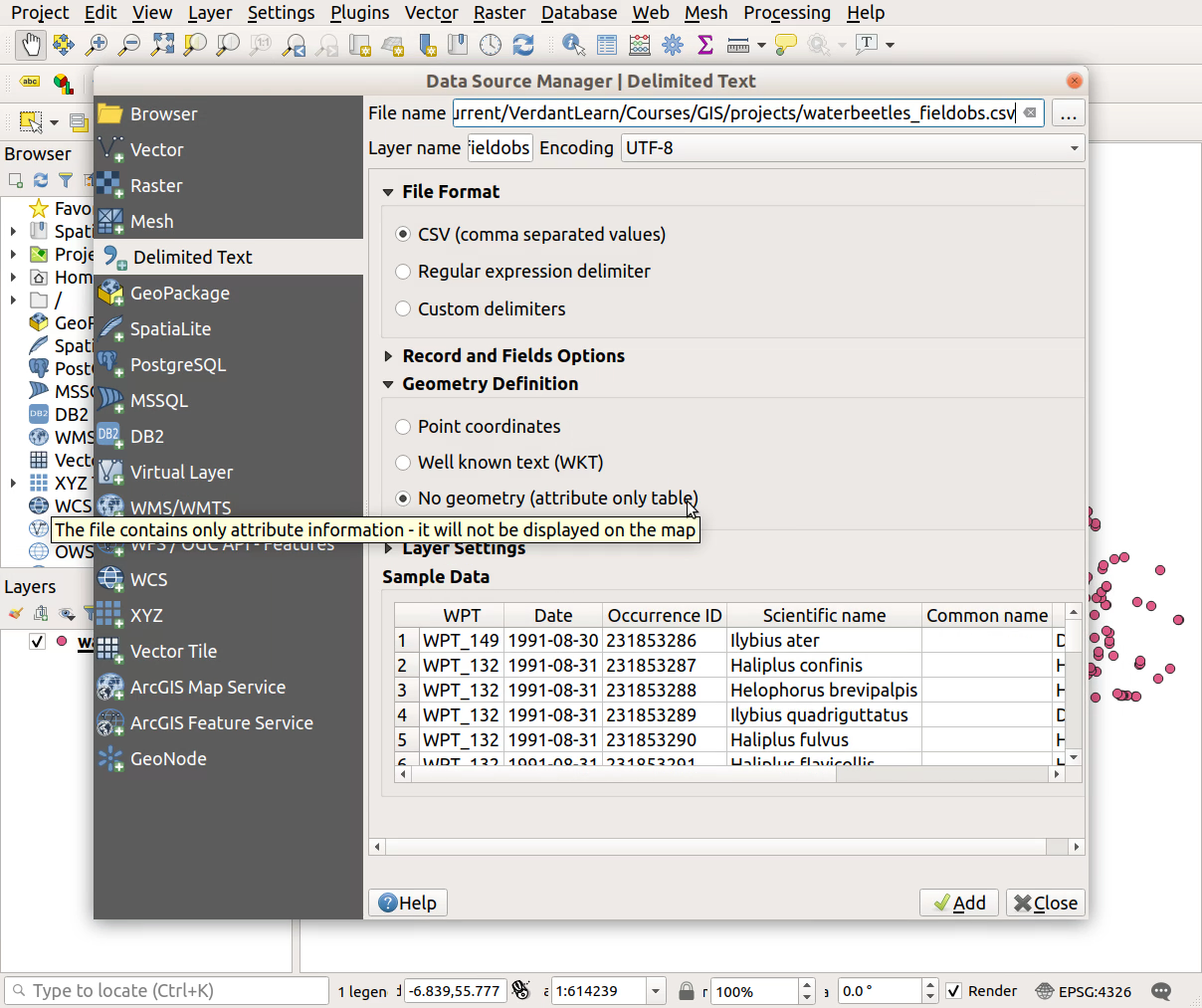 QGIS screenshot: No geometry definition