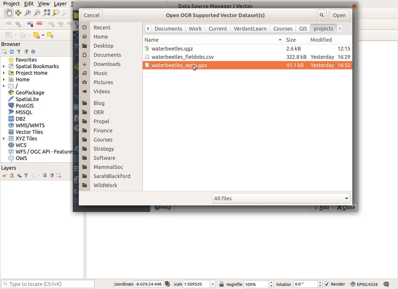 QGIS screenshot: Choose gpx file