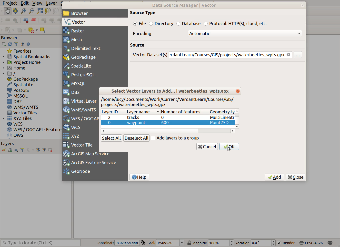 QGIS screenshot: Only import waypoints