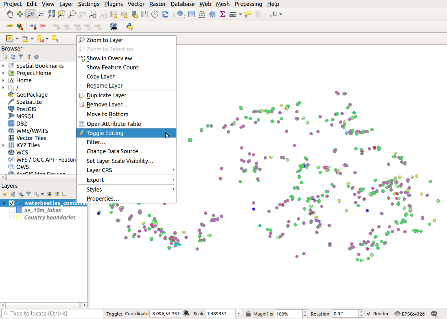 QGIS screenshot: Toggle editing on