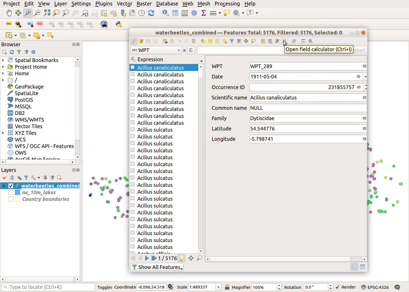 QGIS screenshot: Open field calculator