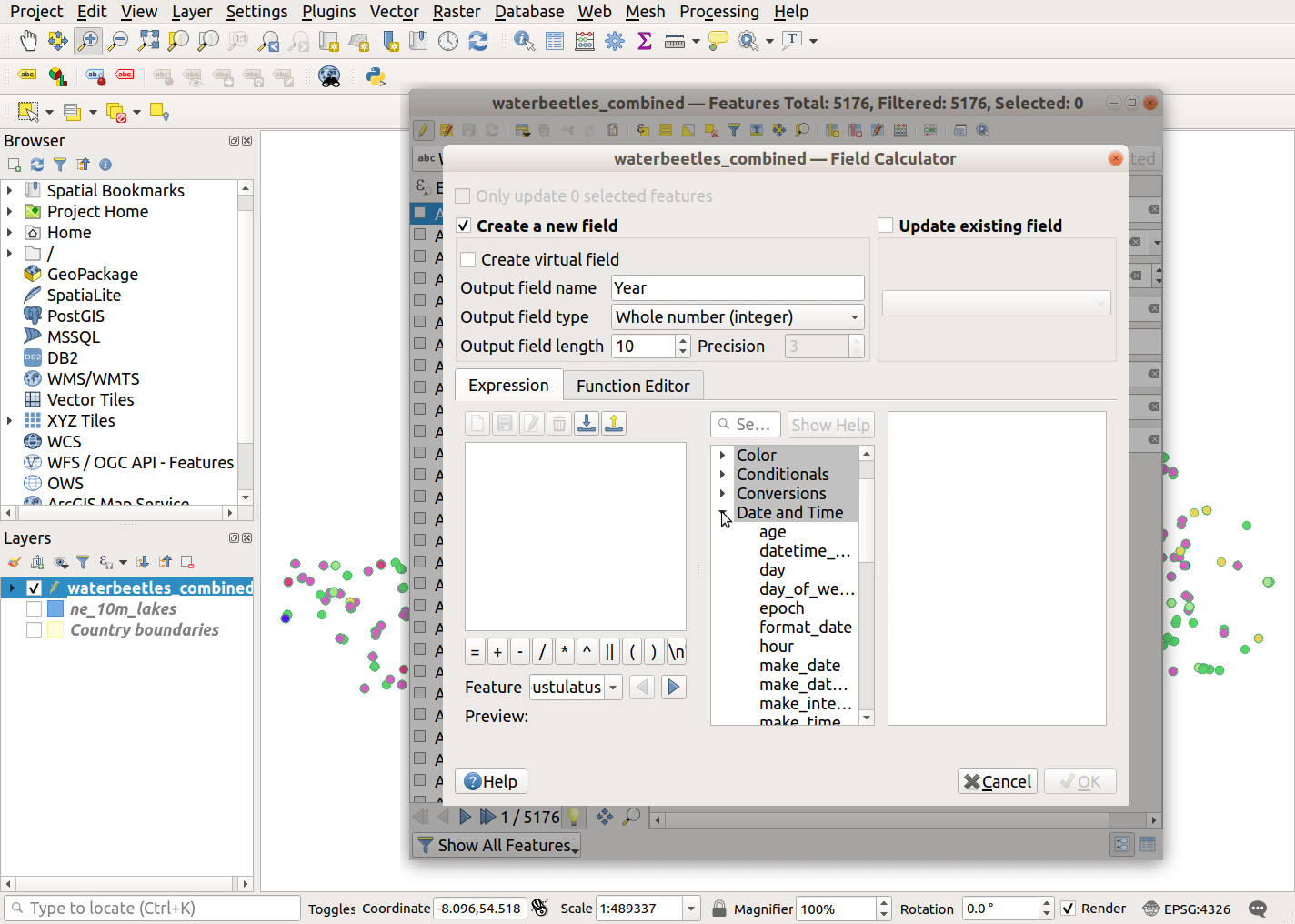 QGIS screenshot: Expand Date and Time