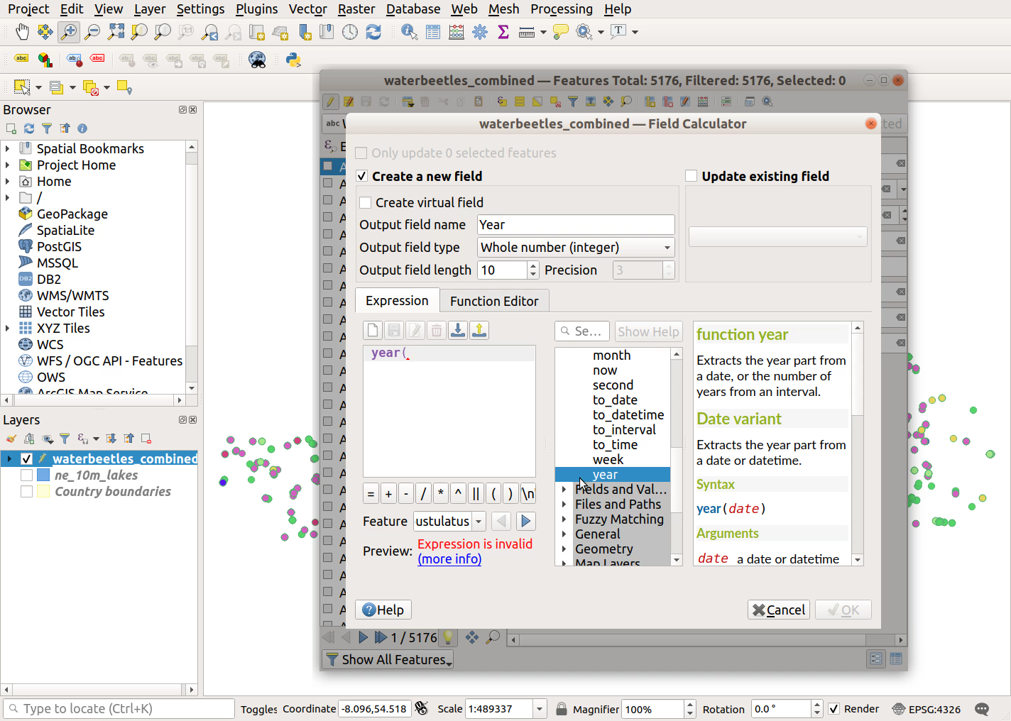 QGIS screenshot: Select year