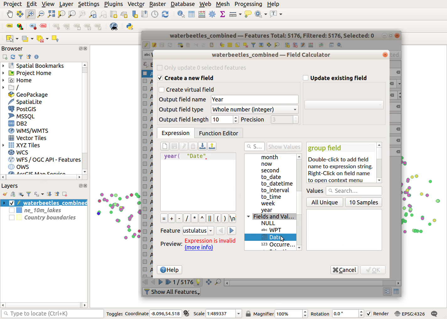 QGIS screenshot: Select Date