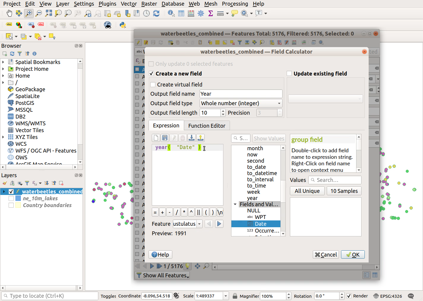 QGIS screenshot: Close expression