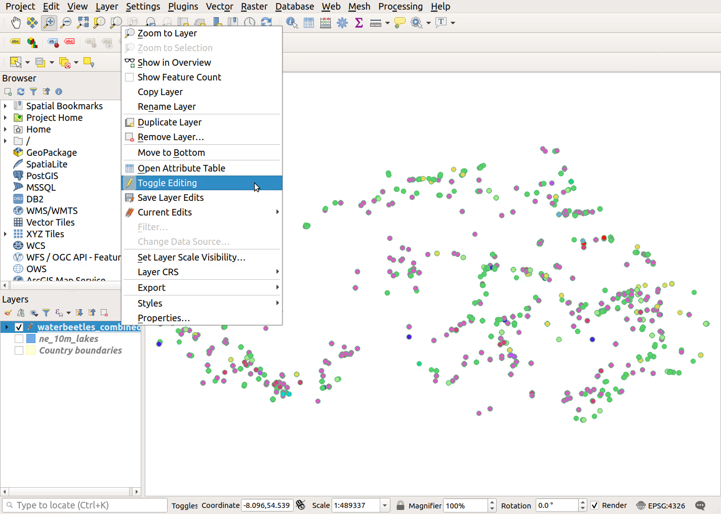 QGIS screenshot: Toggle editing off