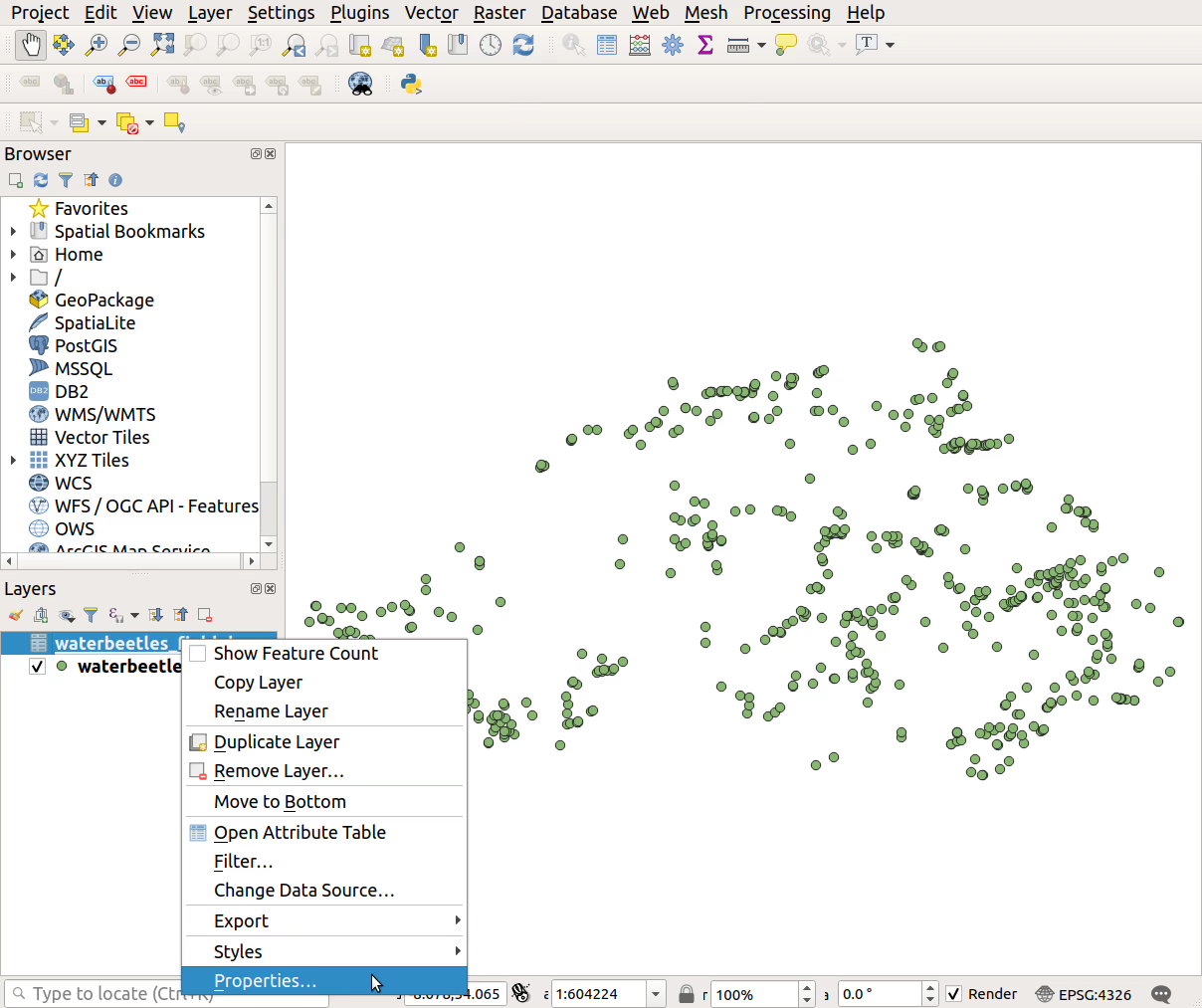 QGIS screenshot: Open layer properties