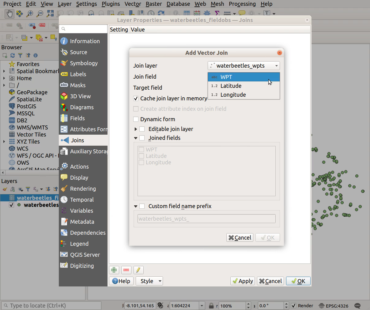 QGIS screenshot: Specify join field