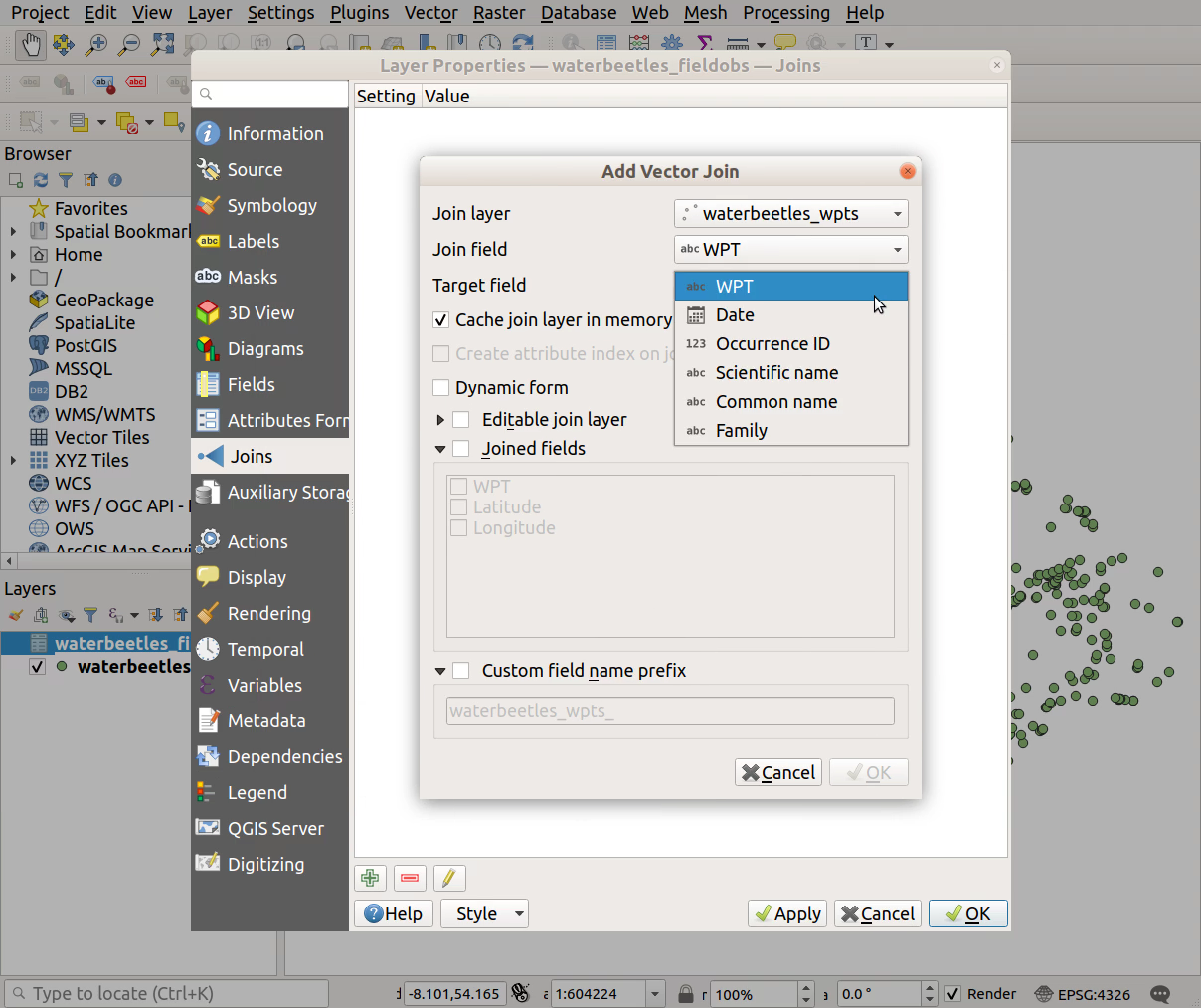 QGIS screenshot: Specify target field