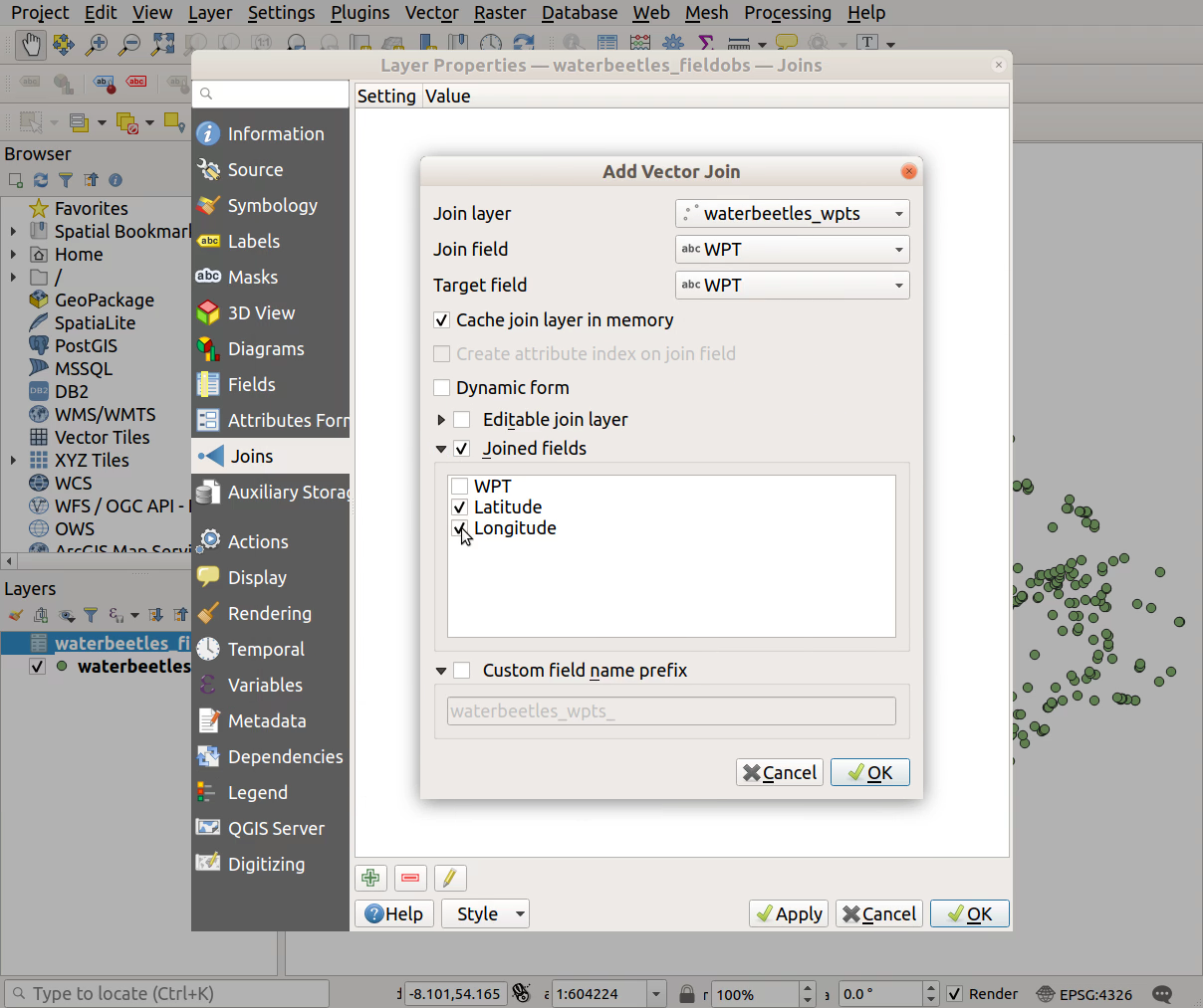 QGIS screenshot: Select fields to add