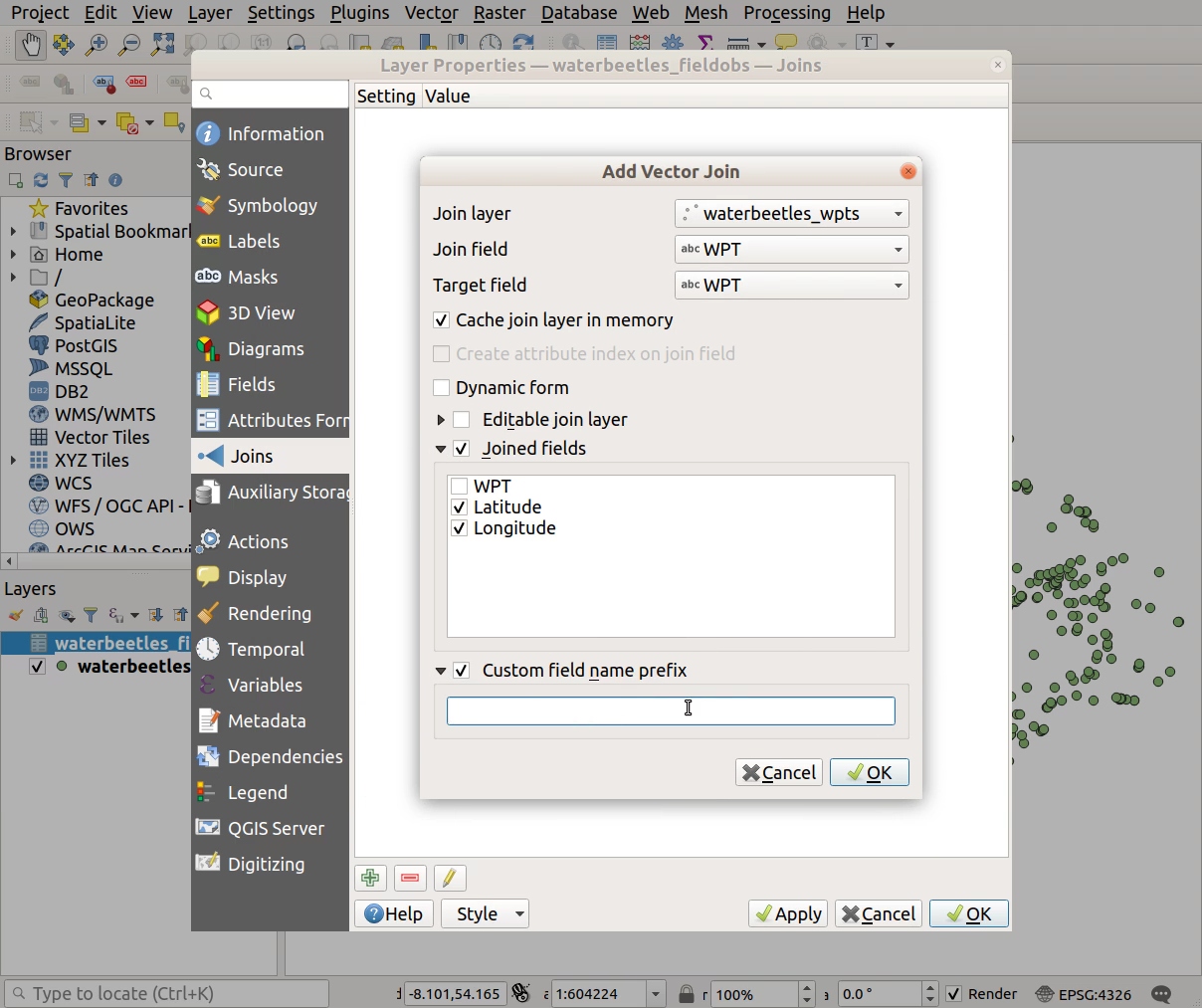 QGIS screenshot: Specify custom prefix