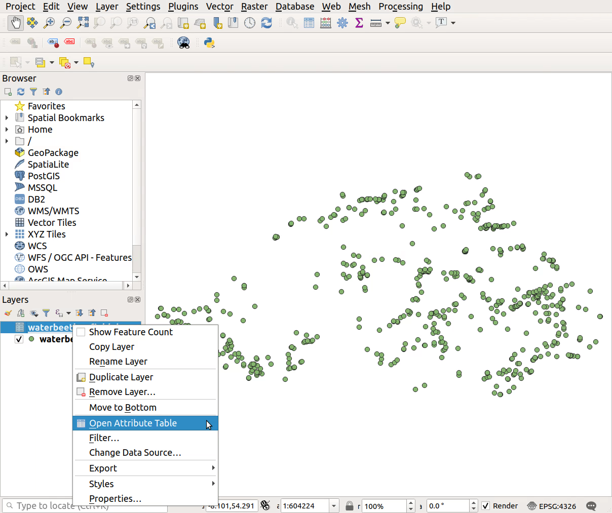 QGIS screenshot: Open attribute table