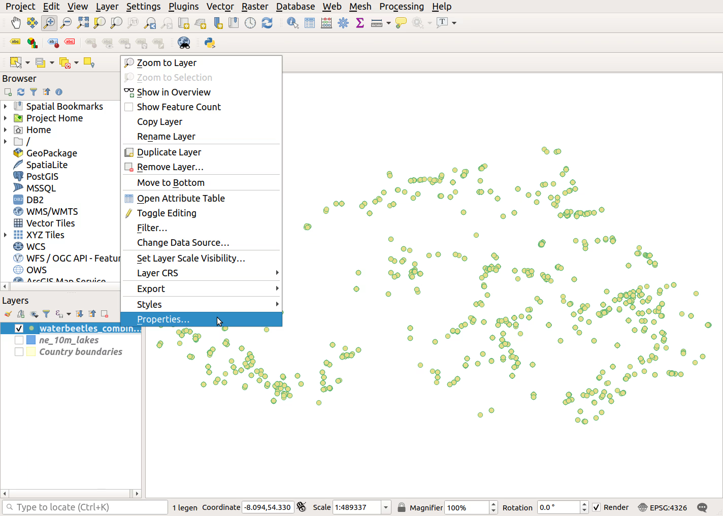 QGIS screenshot: Open layer properties