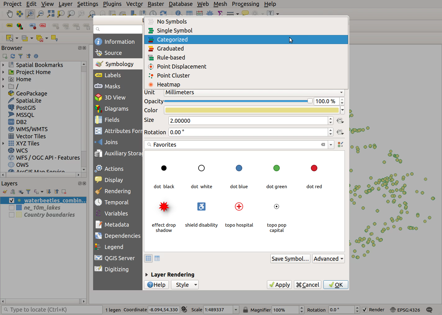 QGIS screenshot: Select Categorized option