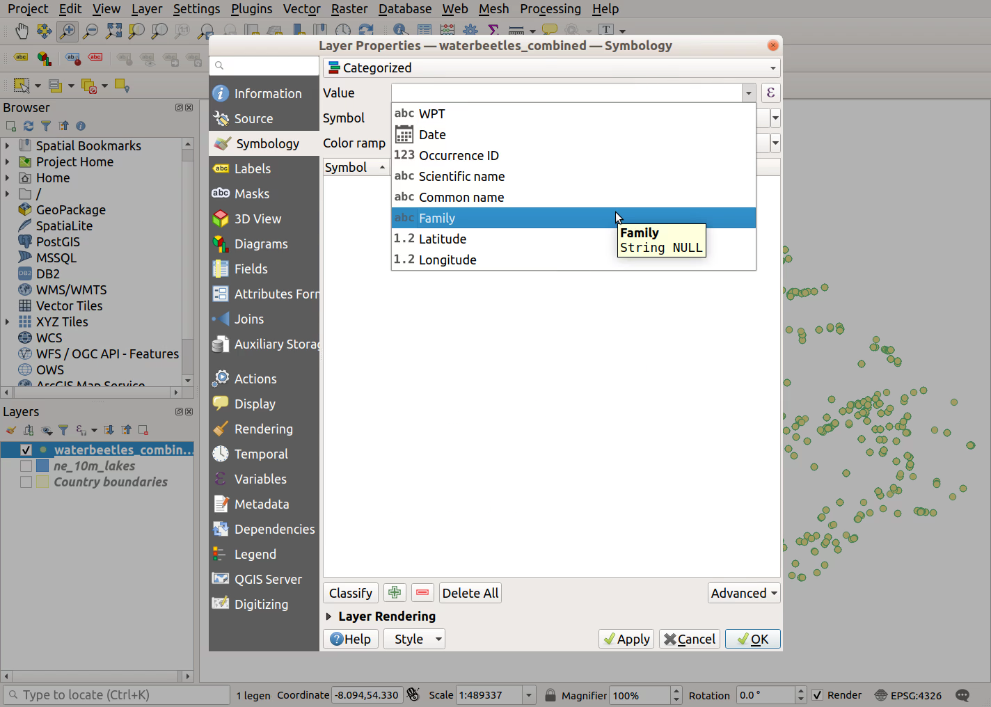 QGIS screenshot: Select Family field