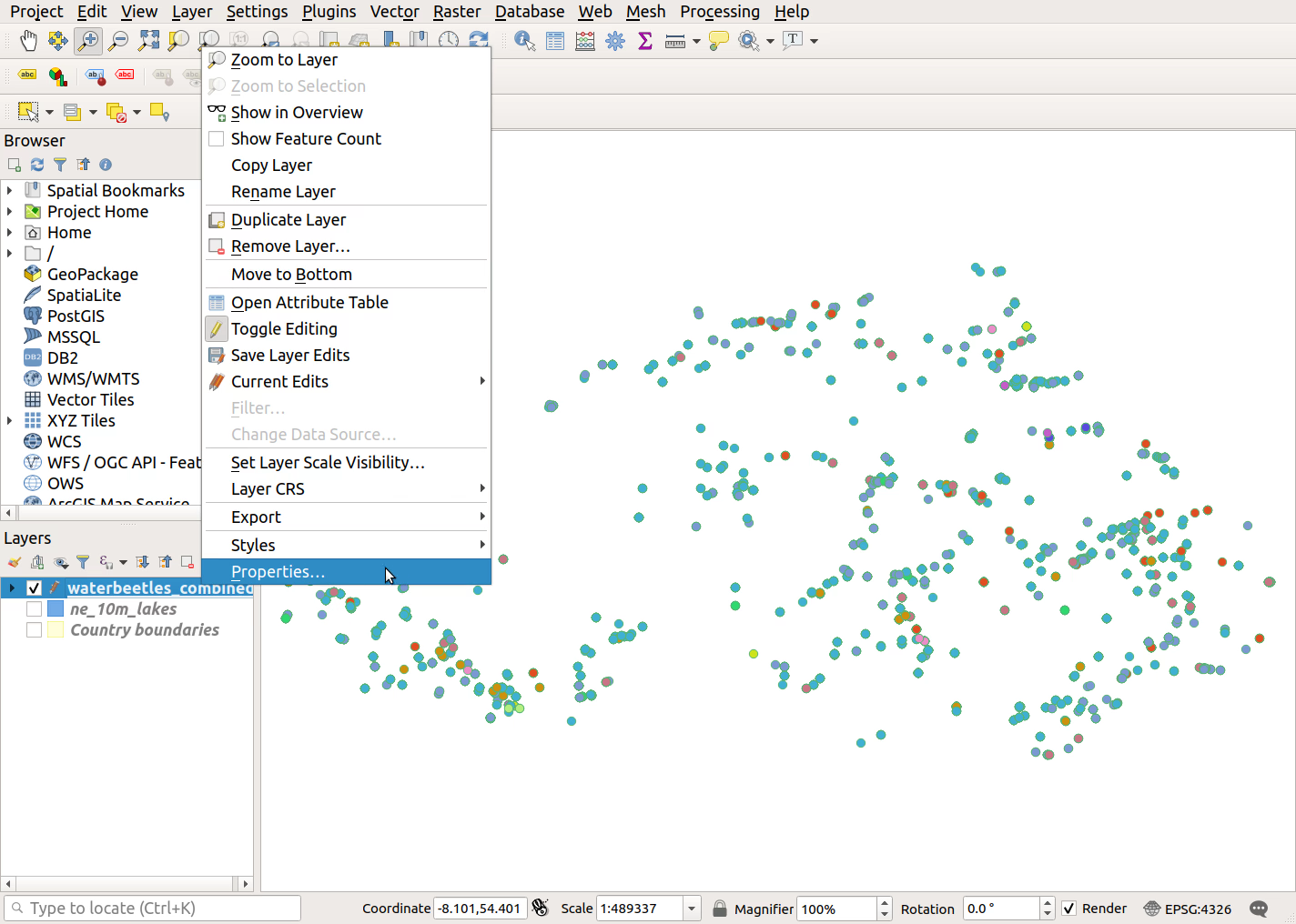 QGIS screenshot: Open layer properties