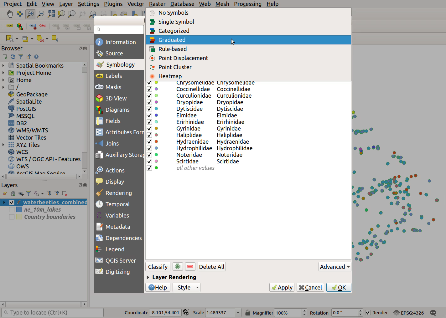 QGIS screenshot: Select Graduated symbols