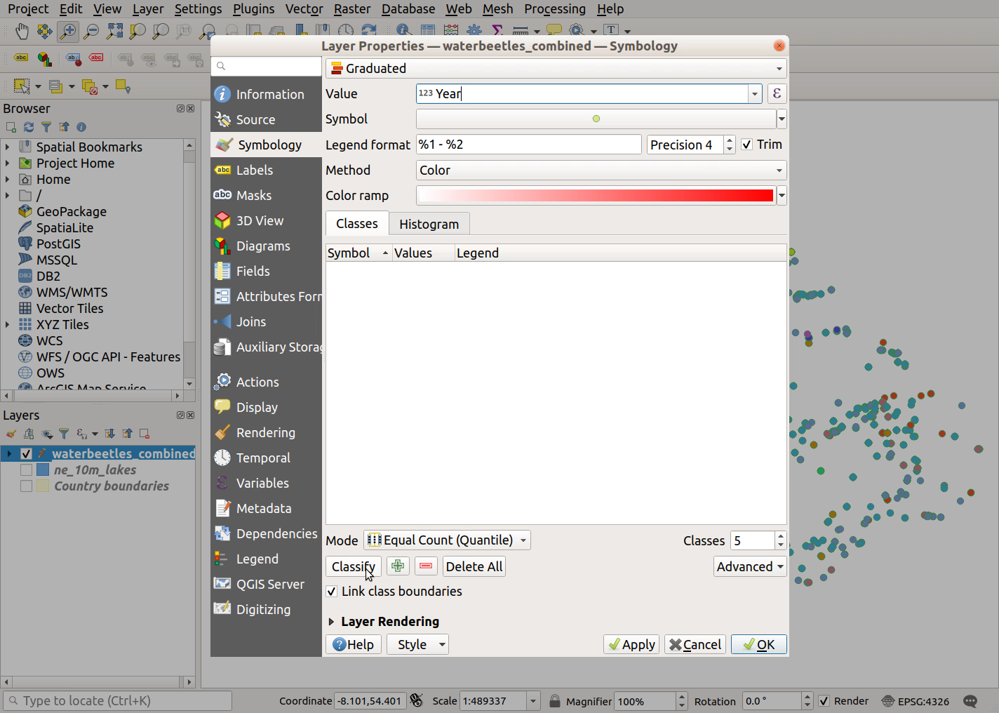 QGIS screenshot: Classify values