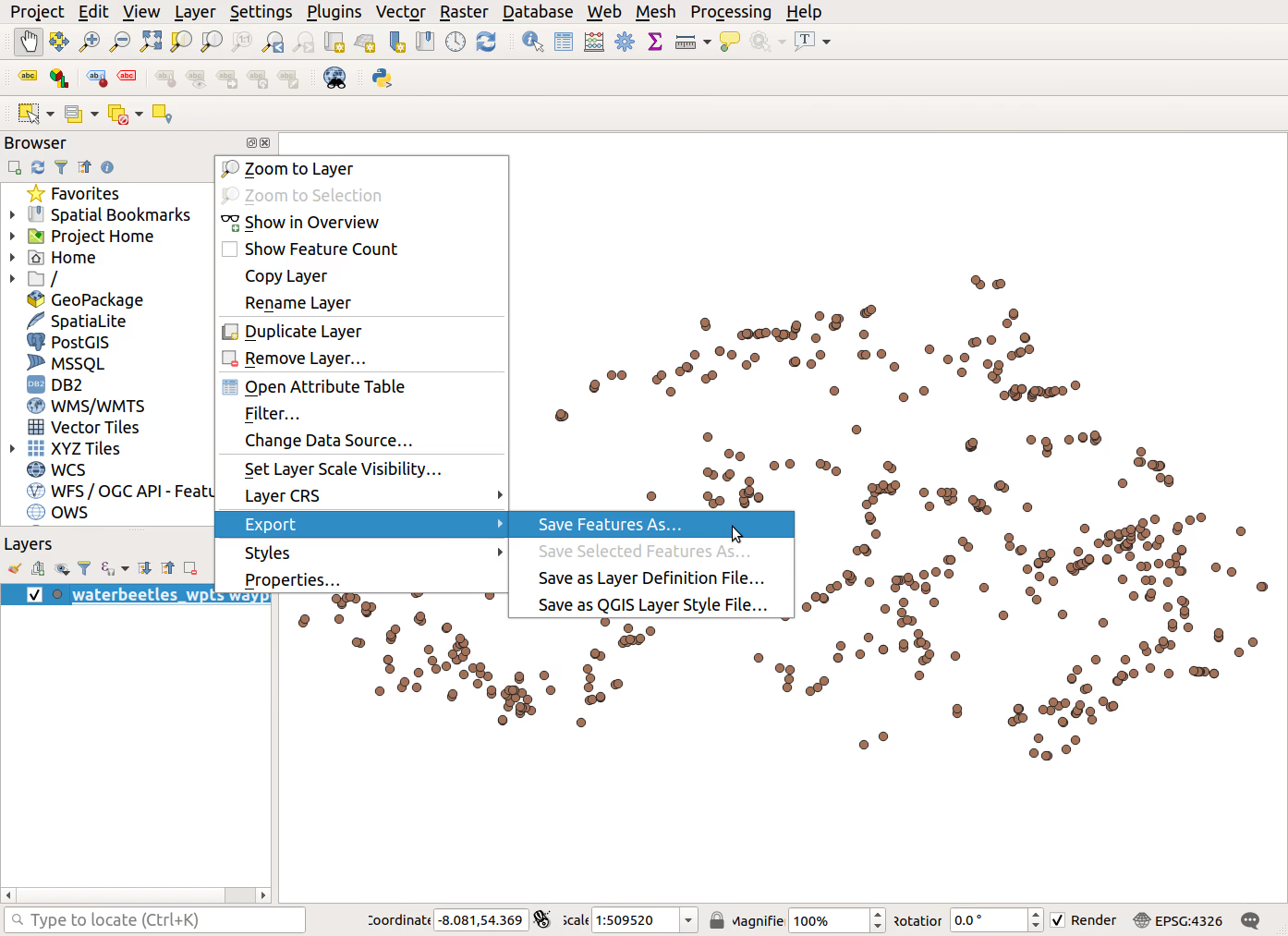 QGIS screenshot: Save features