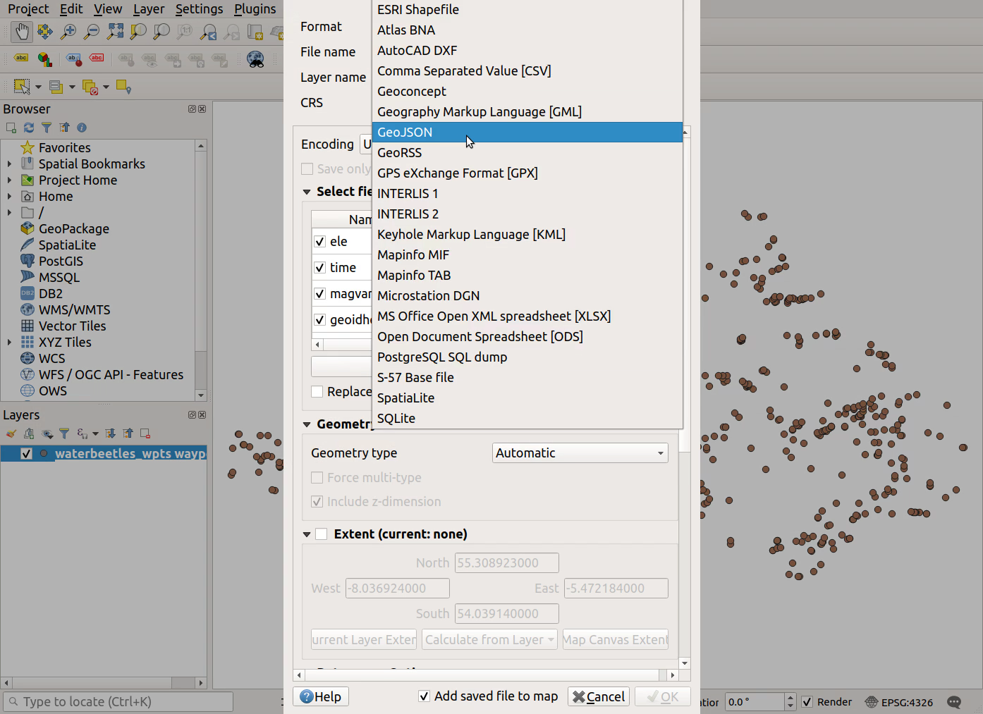 QGIS screenshot: Choose GeoJSON