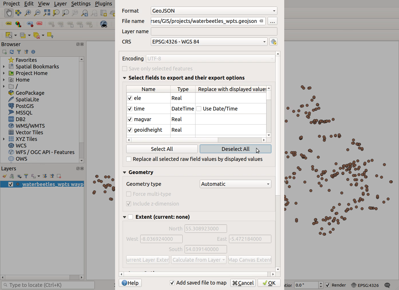 QGIS screenshot: Deselect all columns