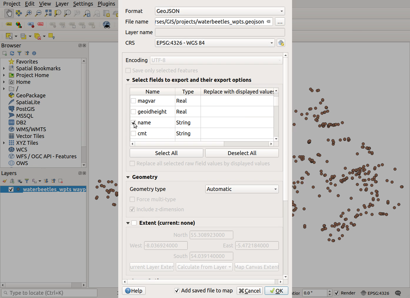 QGIS screenshot: Select name column