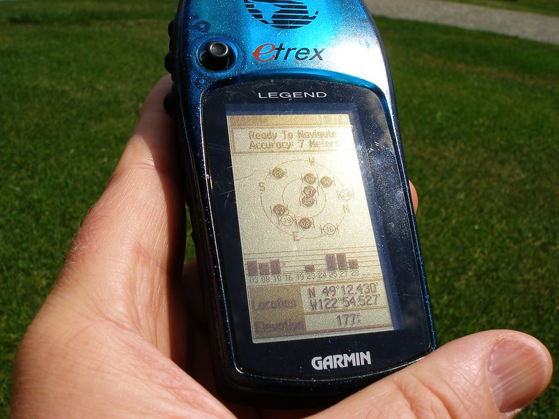 A hand holding a Garmin Etrex GPS